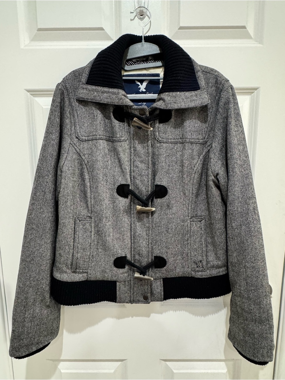 American Eagle Outfitters Gray Toggle Coat Jacket with Black Trim - Size XL